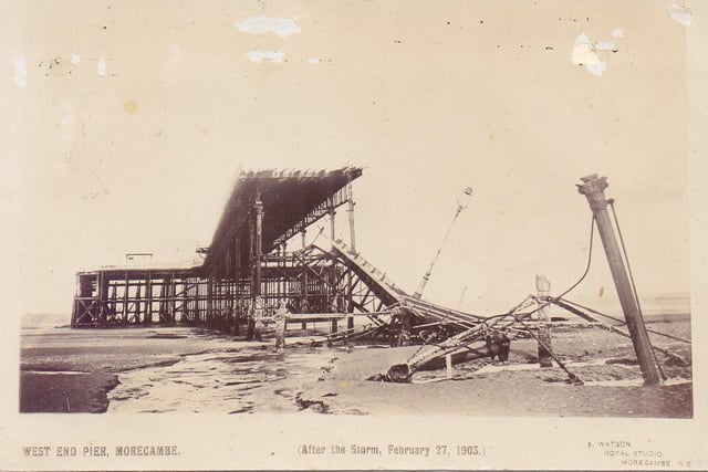 Morecambe West End Pier was damaged by storm on February 27, 1903 (the pier was eventually demolished in 1978) from Lancashire’s Seaside Piers by Martin Easdown