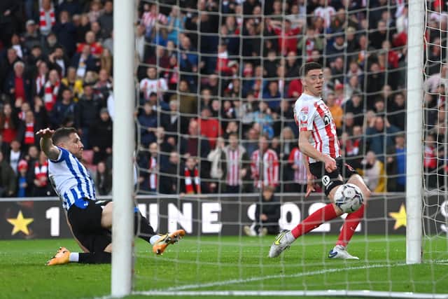 Sunderland’s Ross Stewart pounces on an error by Sheffield Wednesday defender Sam Hutchinson to score the only goal of the evening to give the hosts a narrow 1-0 advantage heading into Monday’s second leg at Hillsborough.  Picture: Stu Forster/Getty Images