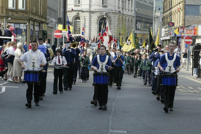 The St George's Day parade making its way along Commercial Street, Halifax.