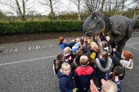 Pupils get up close and personal with Zeus the dinosaur, photo: Daniel Martino.