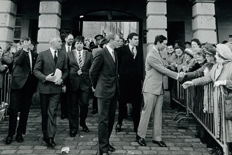 Prince Charles visits The Piece Hall, Halifax in 1987.