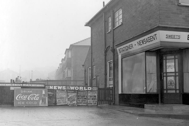 January 1940 and pictured is newsagent and sweet shop, business of Edward Hutchinson. It was located  at the corner of Heath Grove, opposite Elland Road.