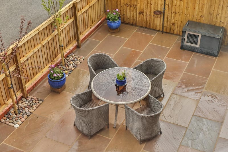 Looking down on the patio seating area