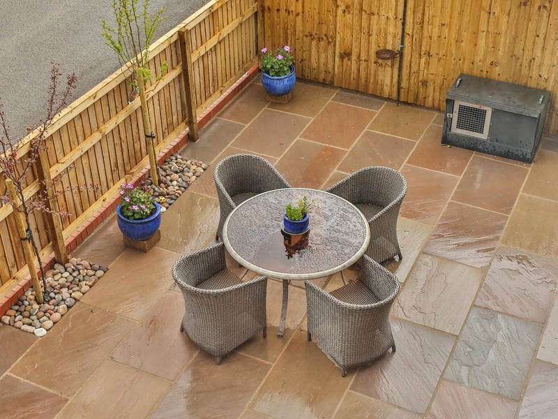 Looking down on the patio seating area