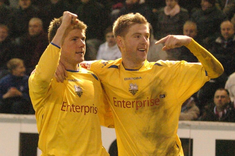 Paul Gallagher and Neil Mellor celebrate scoring in PNE's derby win at Burnley in December 2007