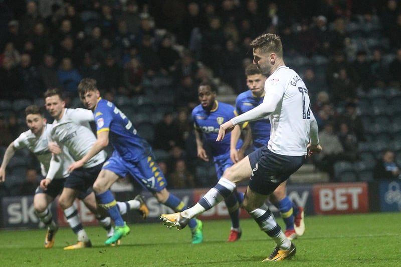 Paul Gallagher scores from the penalty spot against Leeds at Deepdale in April 2018.