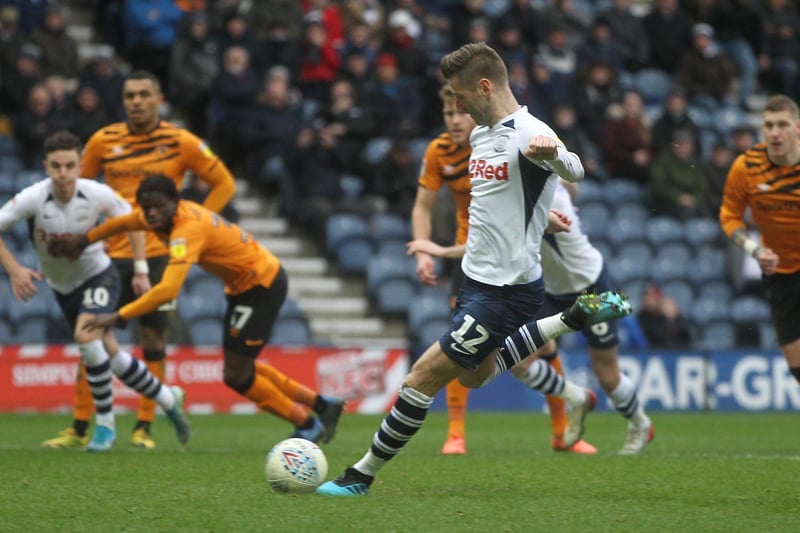 Paul Gallagher's last goal for PNE in the 2-1 win over Hull City at Deepdale in February 2020.
