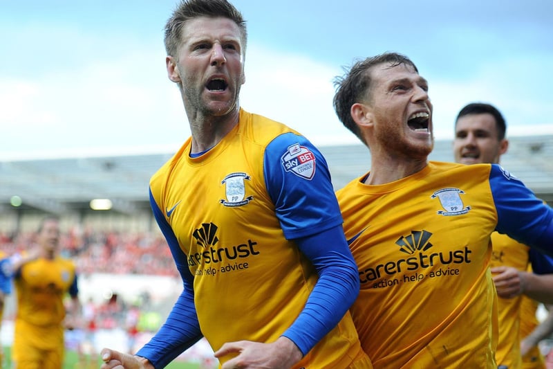 Paul Gallagher celebrates with Joe Garner after scoring for PNE in the play-off semi-final at Rotherham in May 2014