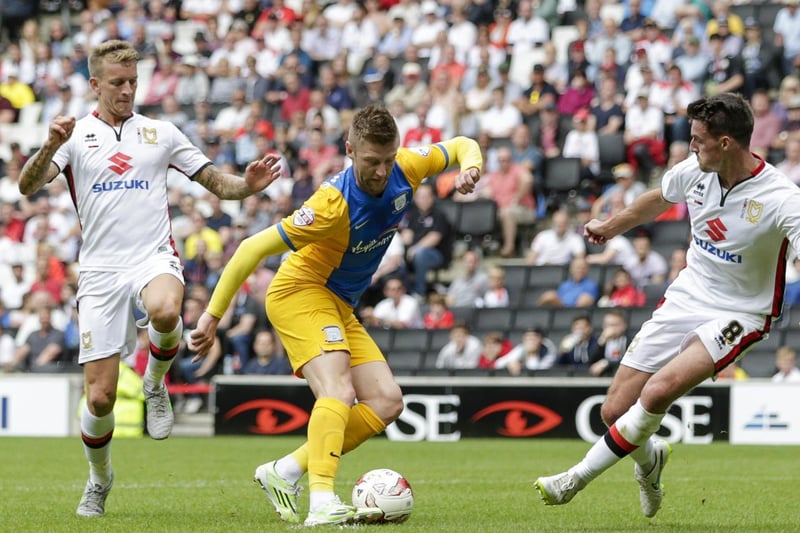 Paul Gallagher scores PNE's first goal back in the Championship against MK Dons in August 2015
