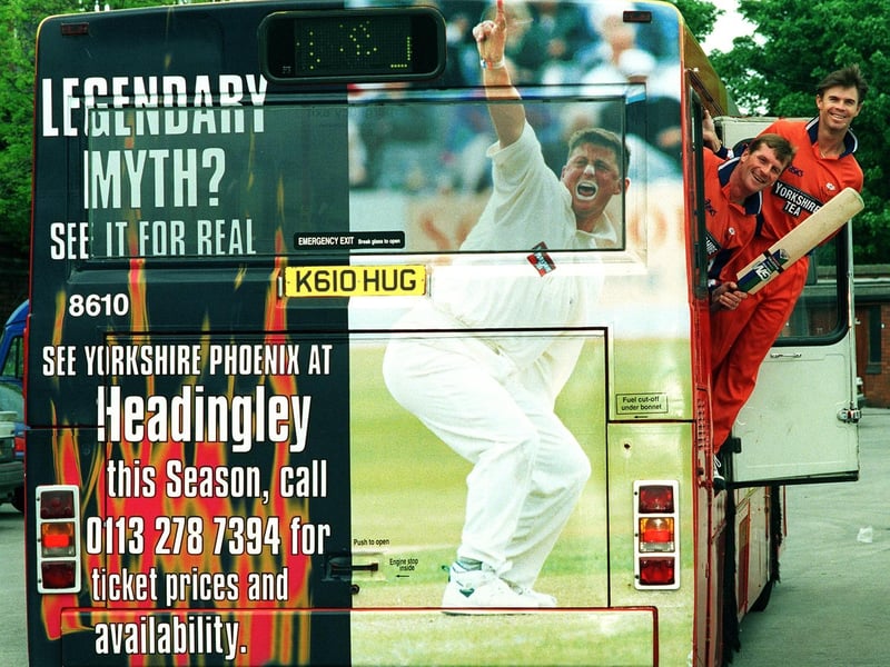 Yorkshire cricketers see Darren Gough at Headingley for one of the few times this season even though only on the back of a bus. Pictured, left to right, is captain David Byas captain and Greg Blewett.