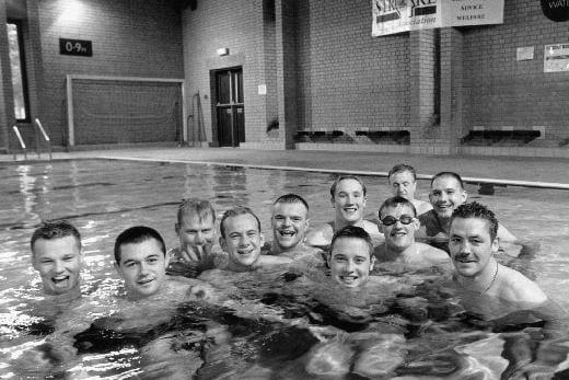 Castleford Rugby League squad in Castleford Swimming pool for their 1995 sponsored swim for the Yorkshire Stroke Association