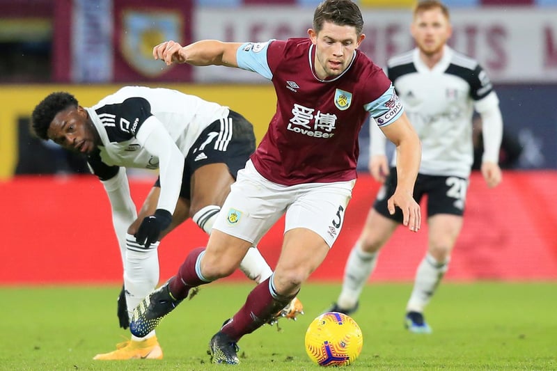 James Tarkowski of Burnley gets away from Josh Maja of Fulham during the Premier League match between Burnley and Fulham at Turf Moor on February 17, 2021 in Burnley, England.