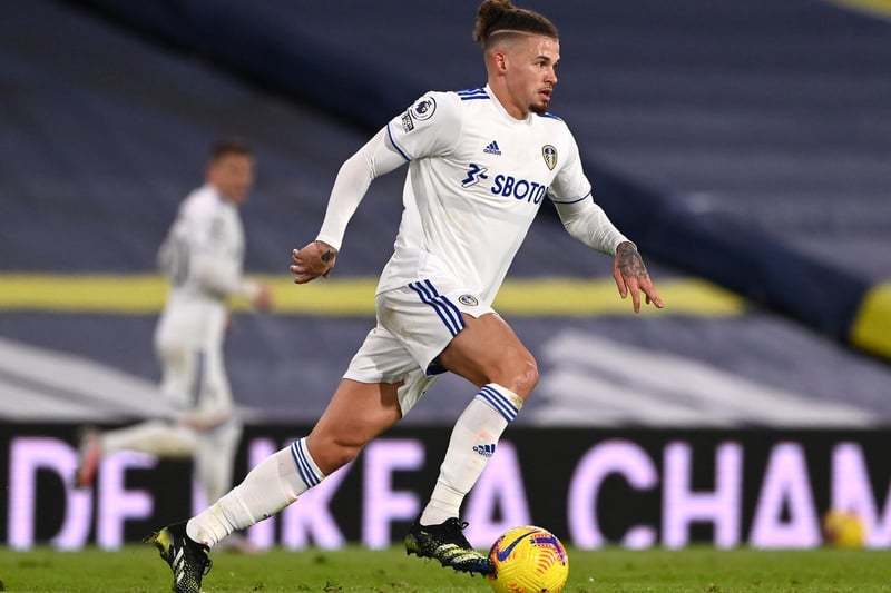 Leeds player Kalvin Phillips in action during the Premier League match between Leeds United and Crystal Palace at Elland Road on February 08, 2021 in Leeds, England.