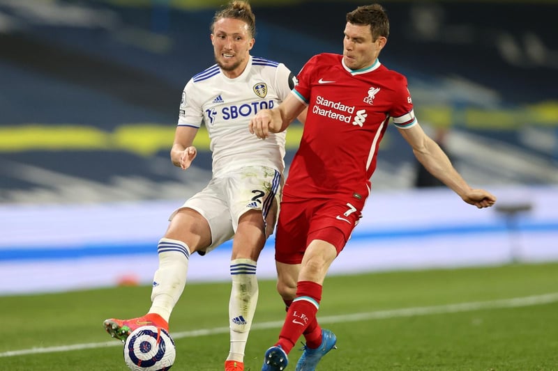 Luke Ayling of Leeds United is challenged by James Milner of Liverpool during the Premier League match between Leeds United and Liverpool at Elland Road on April 19, 2021 in Leeds, England.
