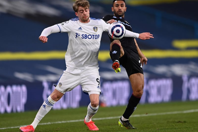 Patrick Bamford of Leeds United battles for possession with Ahmed El Mohamady of Aston Villa during the Premier League match between Leeds United and Aston Villa at Elland Road on February 27, 2021 in Leeds, England.
