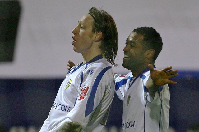 Luciano Becchio celebtates after scoring against Oldham Athletic at Boundary Park in March 2009.