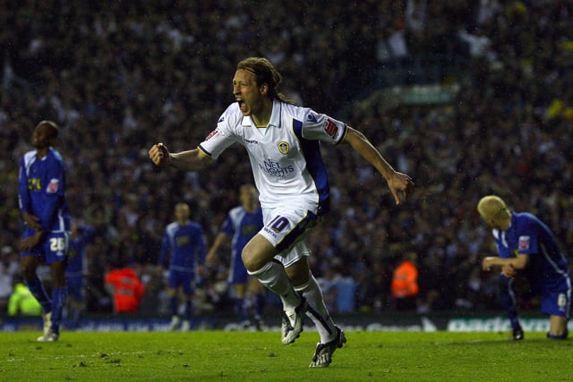Luciano Becchio celebrates after scoring the opening goal during the League One play-off semi-final second leg clash against Millwall at Elland Road in May 2009.
