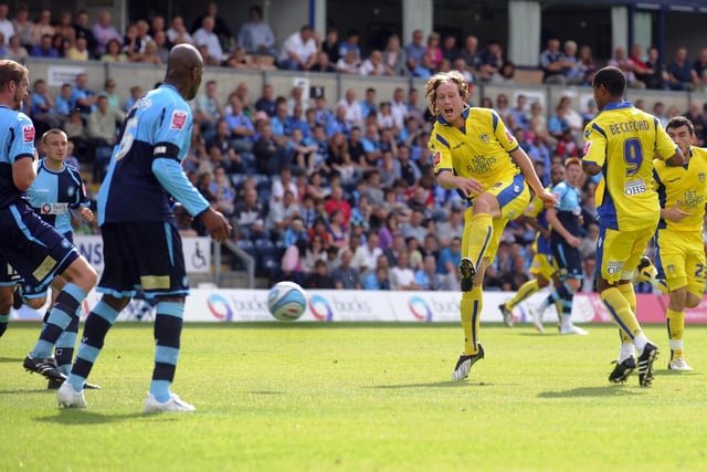 Luciano Becchio fires home the only goal of the League One clash against Wycombe Wanderers at 	Adams Park in August 2009.