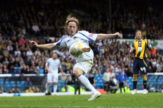 Luciano Becchio fires home during the League One clash against Brighton & Hove Albion at Elland Road in October 2008.
