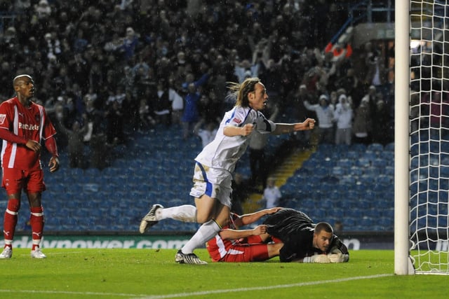 Luciano Becchio celebrates after scoring against Leyton Orient at Elland Road in October 2008.