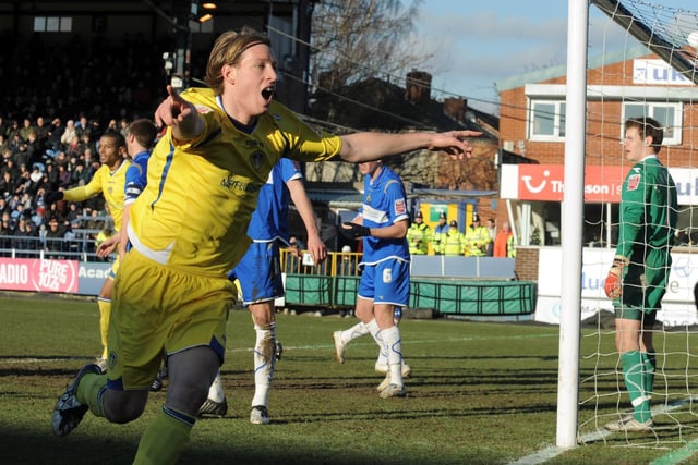 Luciano Becchio celebrates after scoring against Stockport County at Edgeley Park in December 2008. Leeds won 3-1.