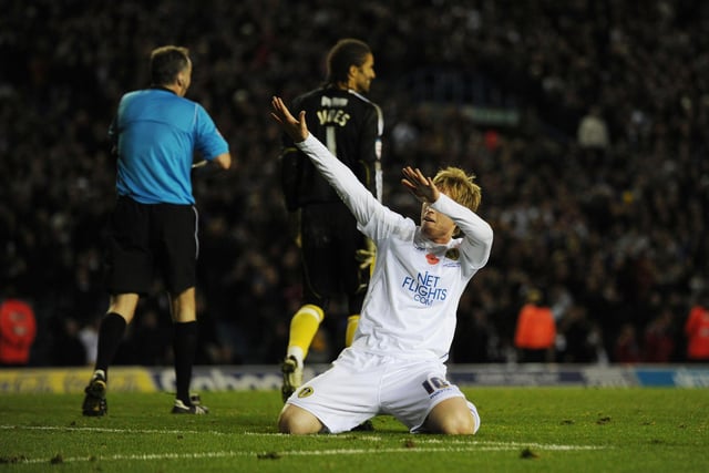 Luciano Becchio celebrates on a night to remember against Bristol City at Elland Road in November 2010. He bagged a hat-trick as the Whites won 3-1.
