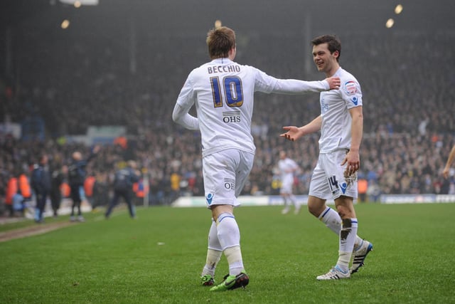 Luciano Becchio is congratulated by Jonny Howon after scoring against Norwich City at Elland Road in February 2011.