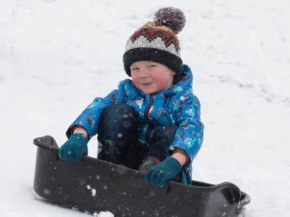 A young boy goes sledding