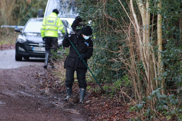 Forensic specialists and police officers have been searching the area. Photo: Eddie Mitchell SUS-210129-130701001