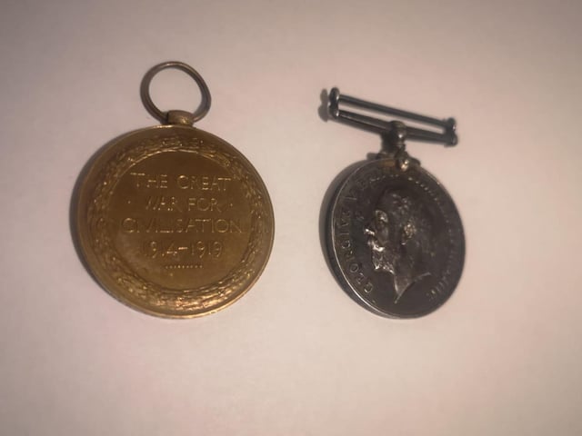 Charles Leonard Sharman's medals. The British War Medal and the Victory Medal.