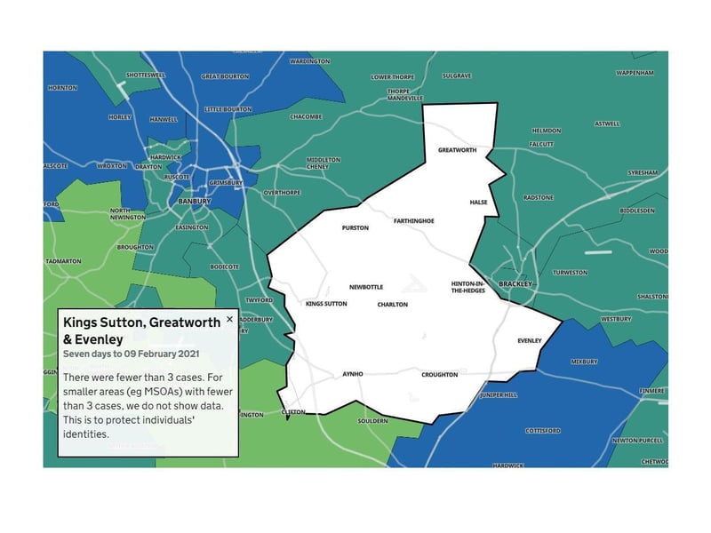 Kings Sutton, Greatworth and Evenley was the only area with three new Covid cases or fewer in the week up to February 9