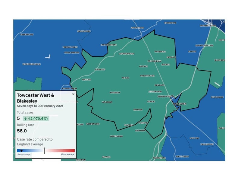 Parts of Towcester and surrounding villages now have a case rate in the mid-50s