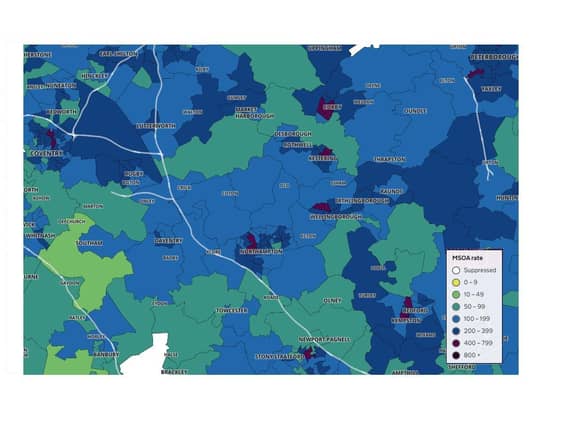 How the picture looks county-wide with purple areas in the main towns showing higher than average case rates