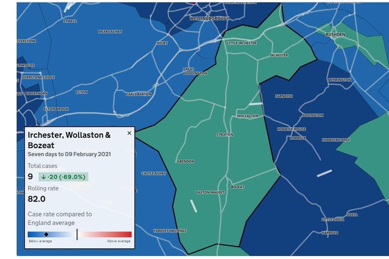 Case rates in Wellingborough are higher, but below 100 in villages to the south