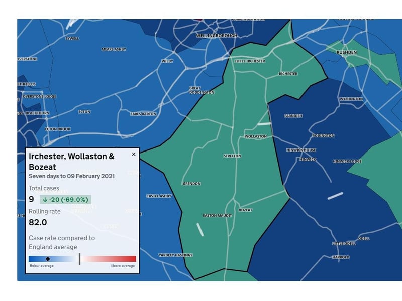 Case rates in Wellingborough are higher, but below 100 in villages to the south