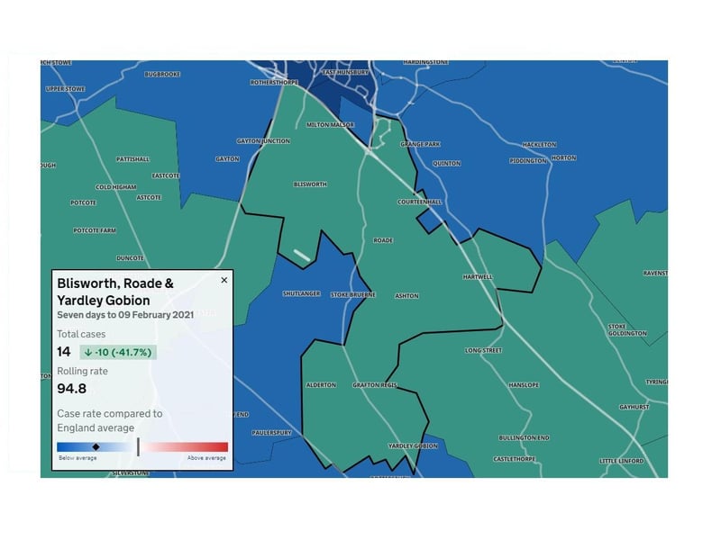 Case rates are now below 100 in the South Northamptonshire villages around Blisworth, Roade and Yardley Gobion