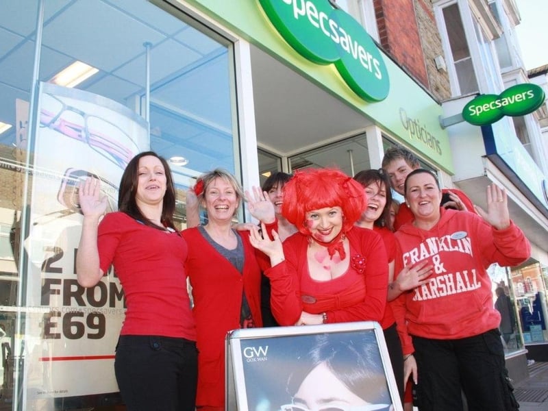 Staff at Specsavers, Skegness, all dressed in red.