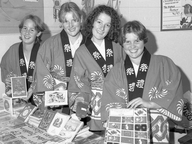 Year 10 pupils Katie Manning, Caroline Bowles, Rachel Keightley and Jenny Bull running their own stall to raise the money they needed to go on the Mikawa exchange project the next year.