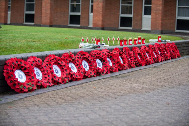 Poppy wreaths at Northamptonshire Police headquarters in Wootton.