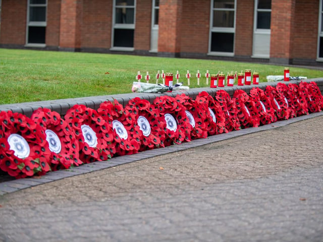 Poppy wreaths at Northamptonshire Police headquarters in Wootton.