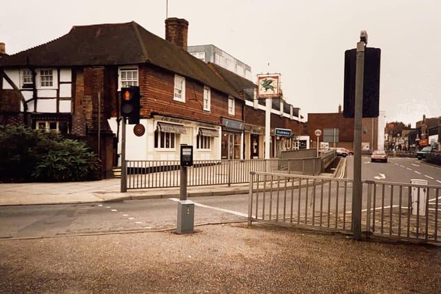 The Green Dragon pub and subway allowing pedestrians to cross from the Bishopric to Springfield Road and West Street before the road layout was changed