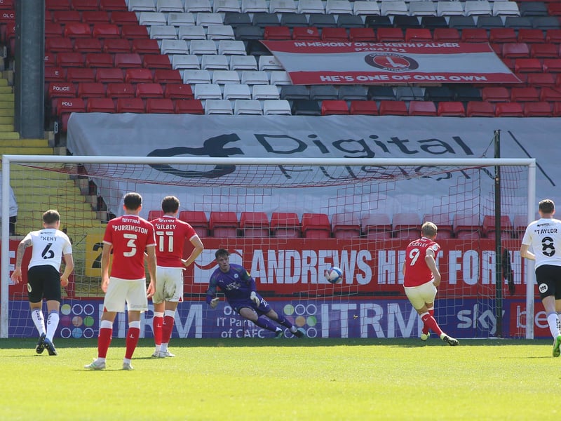 7: April 24, Charlton 0, Posh 1: Serene progress towards automatic promotion was rudely interrupted by a shock home defeat at the hands of Gillingham and the alarm bells would surely have been ringing loudly if a second loss in a row arrived at in-form play-off chasers Charlton. But Posh started brightly, scored early through Clarke-Harris and won rather cosily after on-loan goalkeeper Josef Bursik had made a brilliant penalty save. The win set up the fantastic scenes at the Weston Homes Stadium on Saturday. Bursik is pictured saving Jayden Stockley's penalty. Photo: Joe Dent/theposh.com.