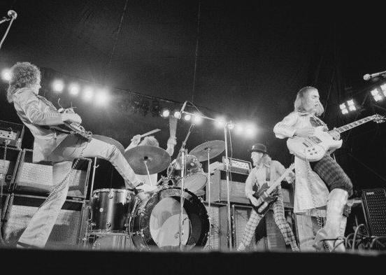 Top of the poppers Slade. Left to right: Jim Lea, Don Powell, Noddy Holder and Dave Hill (Photo by Michael Putland/Getty Images)