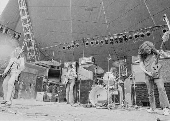 Iconic rock group Status Quo. Left to right: Rick Parfitt, Francis Rossi, John Coughlan and Alan Lancaster. (Photo by Michael Putland/Getty Images)