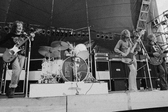British rock group Humble Pie. Left to right: Steve Marriott (1947 - 1991), Jerry Shirley, Greg Ridley and Clem Clempson. (Photo by Michael Putland/Getty Images)