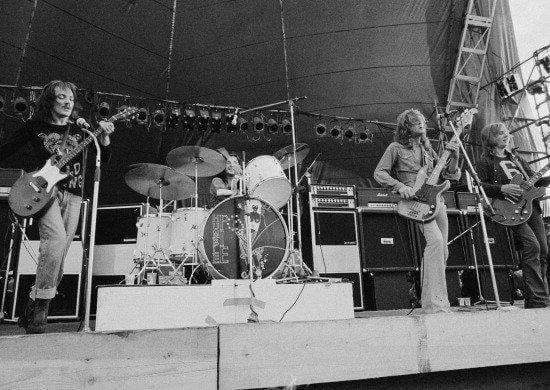British rock group Humble Pie. Left to right: Steve Marriott (1947 - 1991), Jerry Shirley, Greg Ridley and Clem Clempson. (Photo by Michael Putland/Getty Images)