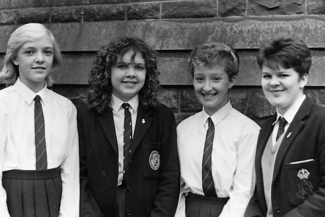 Form prizewinners Tracey Carlisle, Tamara Ervine and Catherine McCune with religious education prizewinner Colleen Campbell, right, after the Belfast Royal Academy prize distribution in St James Parish Church in October 1987. Picture: News Letter archives