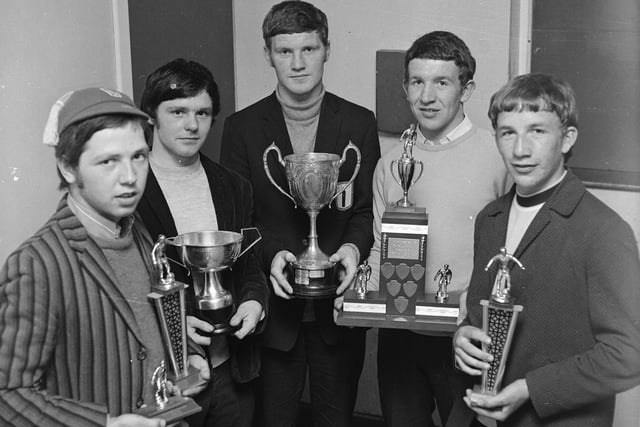 1969 - Award winners at the Long Tower Boys' Club prize-giving function. From left are Paddy Nolan, Sean Walker, Brendan Moore, Gerry Clarke and John Doherty.