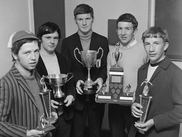 1969 - Award winners at the Long Tower Boys' Club prize-giving function. From left are Paddy Nolan, Sean Walker, Brendan Moore, Gerry Clarke and John Doherty.