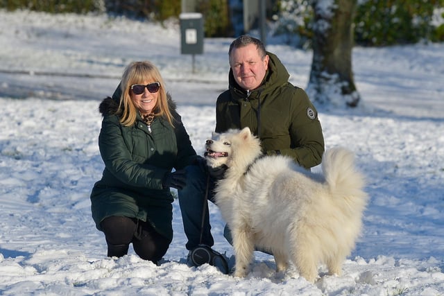 Joan and Terry Casey pictured with their dog Sasha in a snow covered Brooke Park on Saturday afternoon last. Photo: George Sweeney / Derry Journal.  DER2104GS – 031